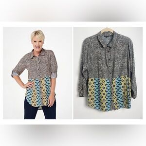 Tolani Anthropologie Cheetah & Ethnic Color Block Print Hi-Lo Long Sleeve Top 2X